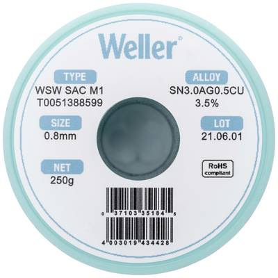 Lödmedelsskylt med inskription 'Weller'. Typ: WSW SAC M1, Legering: SN3.0AG0.5CU, Storlek: 0,8 mm, Vikt: 250 g, Lot: 21.06.01.