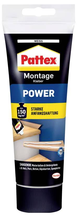 En tub Pattex monteringslim, 150 ml, med texten 'Power, stark initial vidhäftning'. Lämplig för sugande material och underlag.