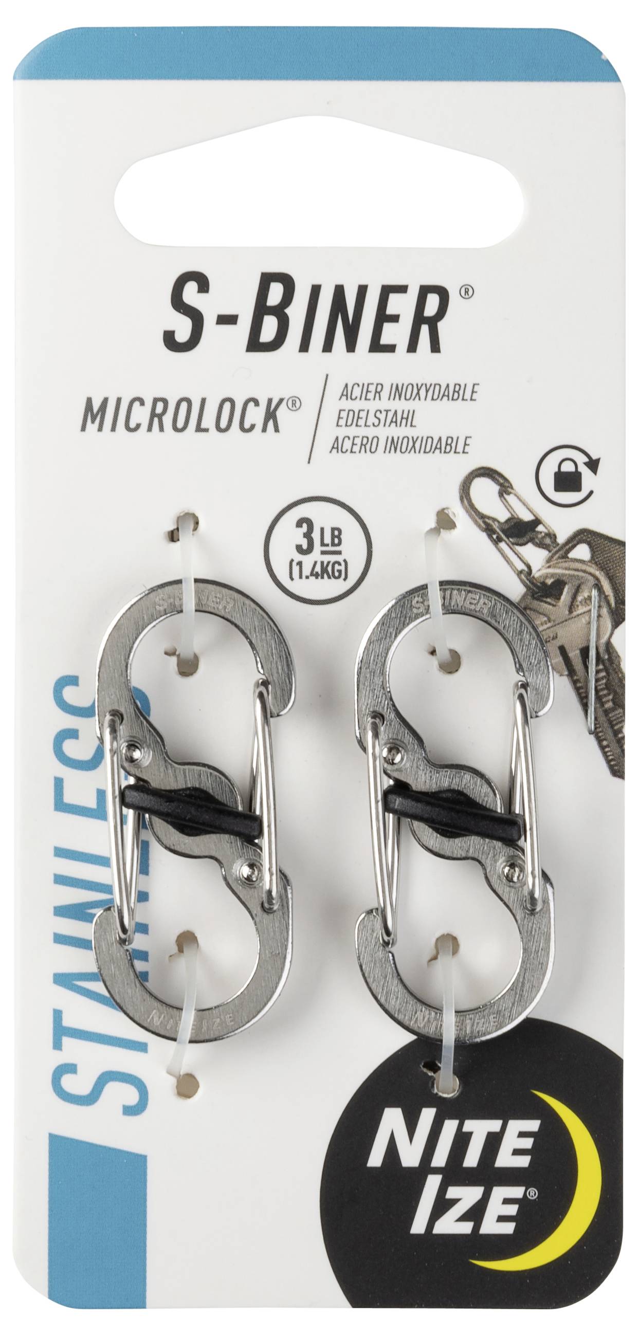 'S-Biner Microlock' från Nite Ize, av rostfritt stål, kan hålla upp till 1,4 kg. Förpackningen visar två dubbelportade karbinhakar på ett kort.