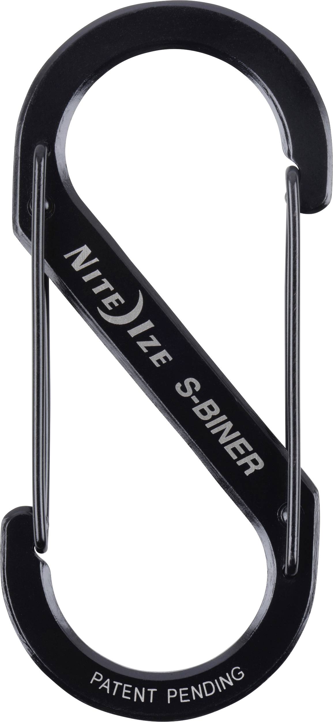 En svart S-formad karbinhake med texten 'Nite Ize S-Biner' och 'Patent Pending' visas på den.
