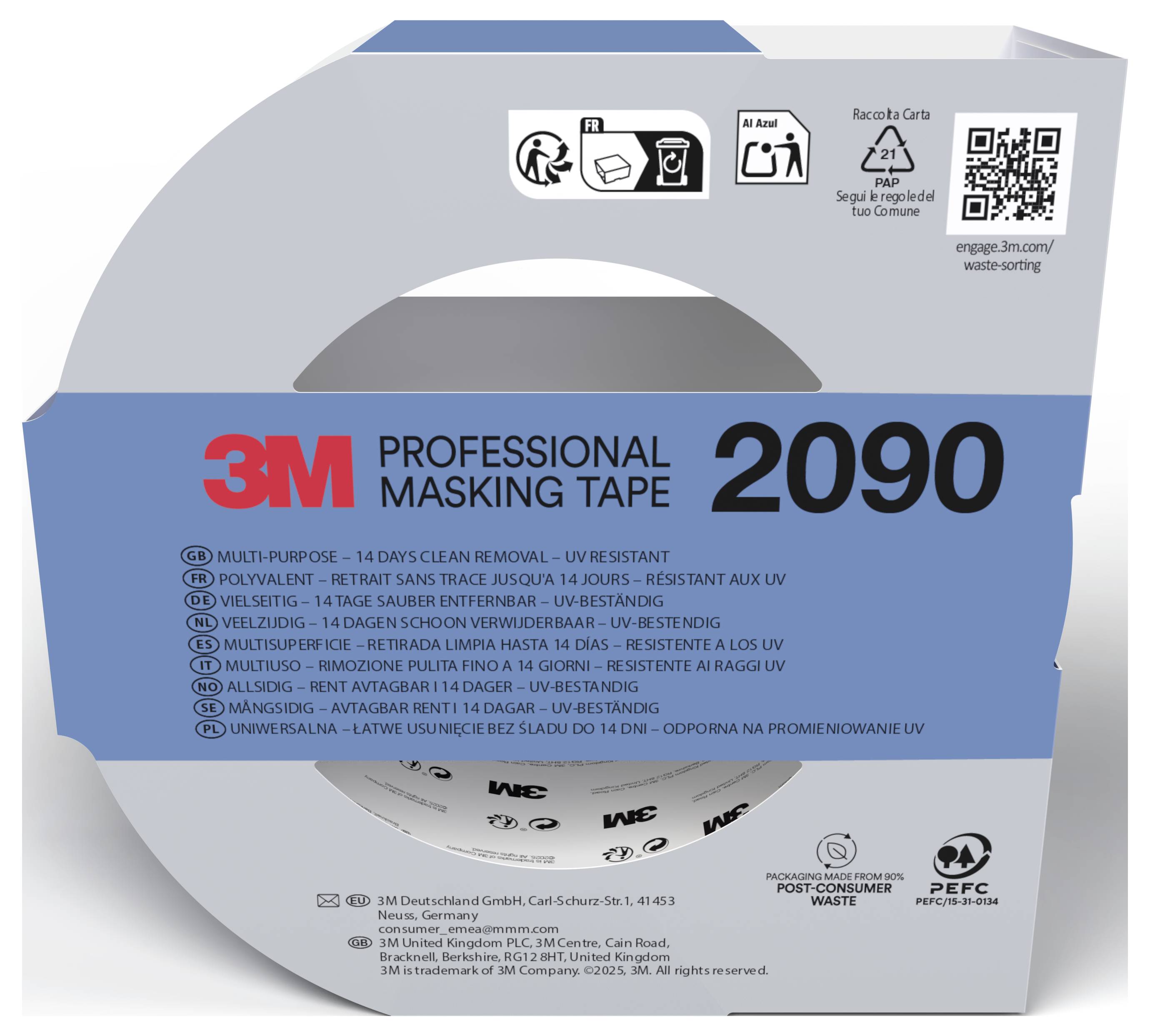 3M Professional Maskeringstejp 2090-förpackning, en blå och grå rulle med produktnamn, "2090" och återvinningsikoner/QR-kod för avfallssortering.
