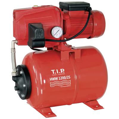 Röd vattenpump med tryckmätare, märkt med 'T.I.P HWW 1200/25', lämplig för hushållsvattensystem och trädgårdsbevattningssystem.