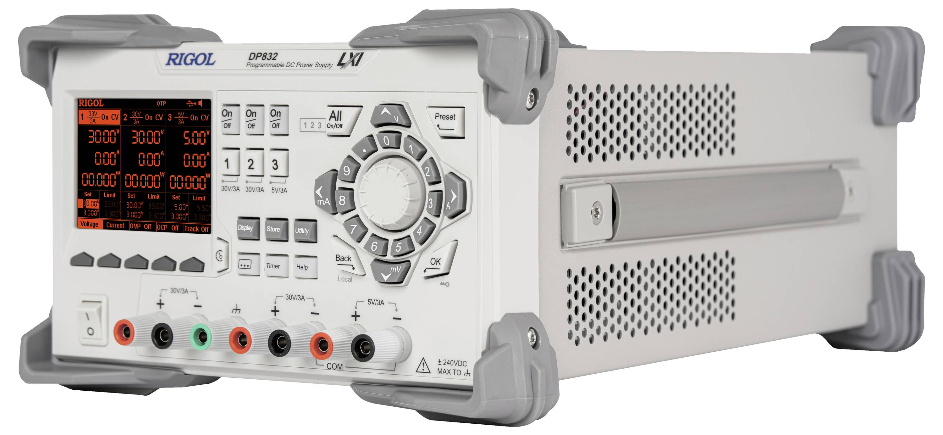 Ett Rigol DP832 programmerbart likströmsaggregat med display, manöverpanel och anslutningar för styrning och mätning av ström och spänning.