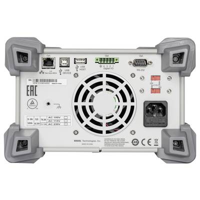 Baksidan av en elektronisk enhet med anslutningar: LAN, USB, Digital I/O, RS-232, fläkt, strömuttag och spänningsomkopplare.