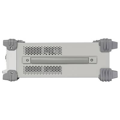 En grå, rektangulär elektronisk enhet med ventilationsspringor på sidorna och ett handtag på framsidan.