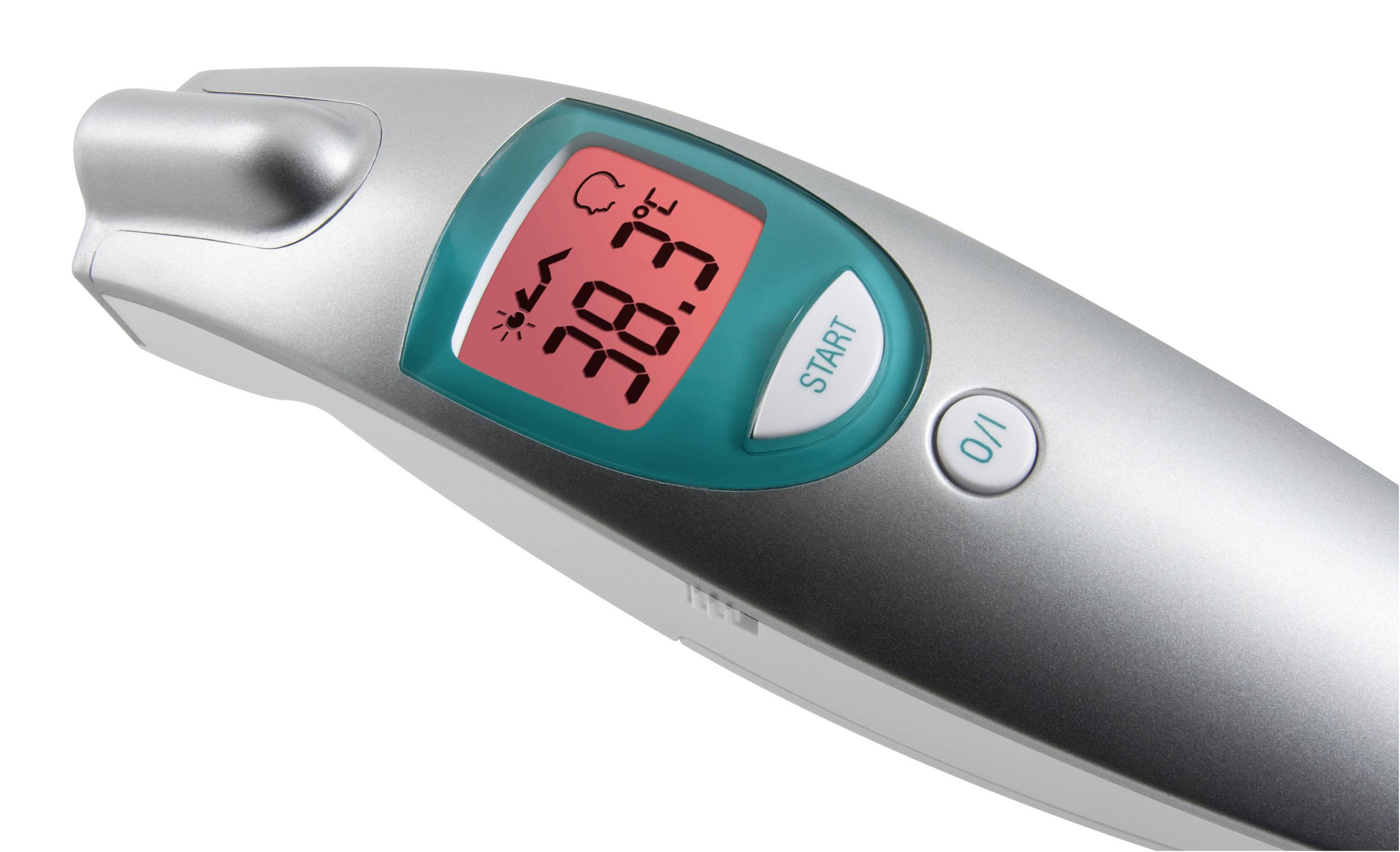 Digitalitermometer visar temperaturen 38,3 grader Celsius med feberdisplay på röd skärm.