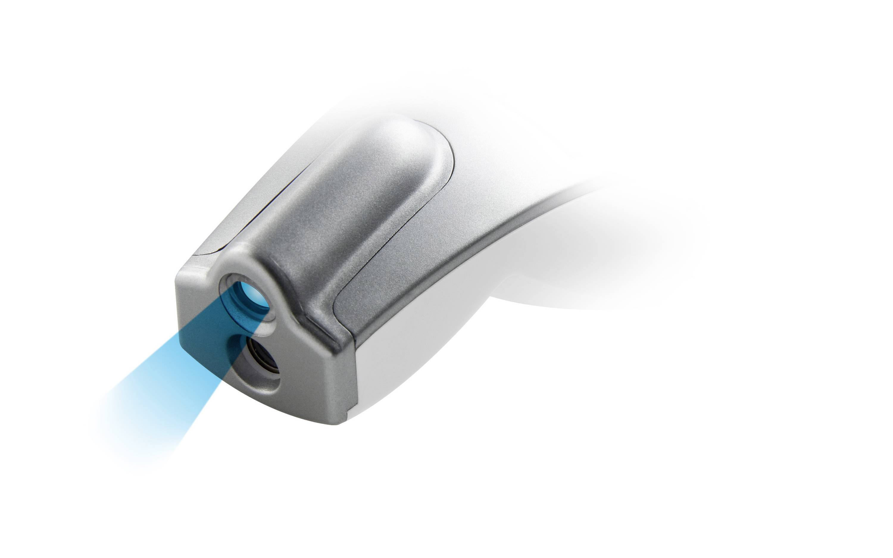 En silvergrå apparat med en blå laserstråle som troligen används för precisisionsmätning eller skanning.