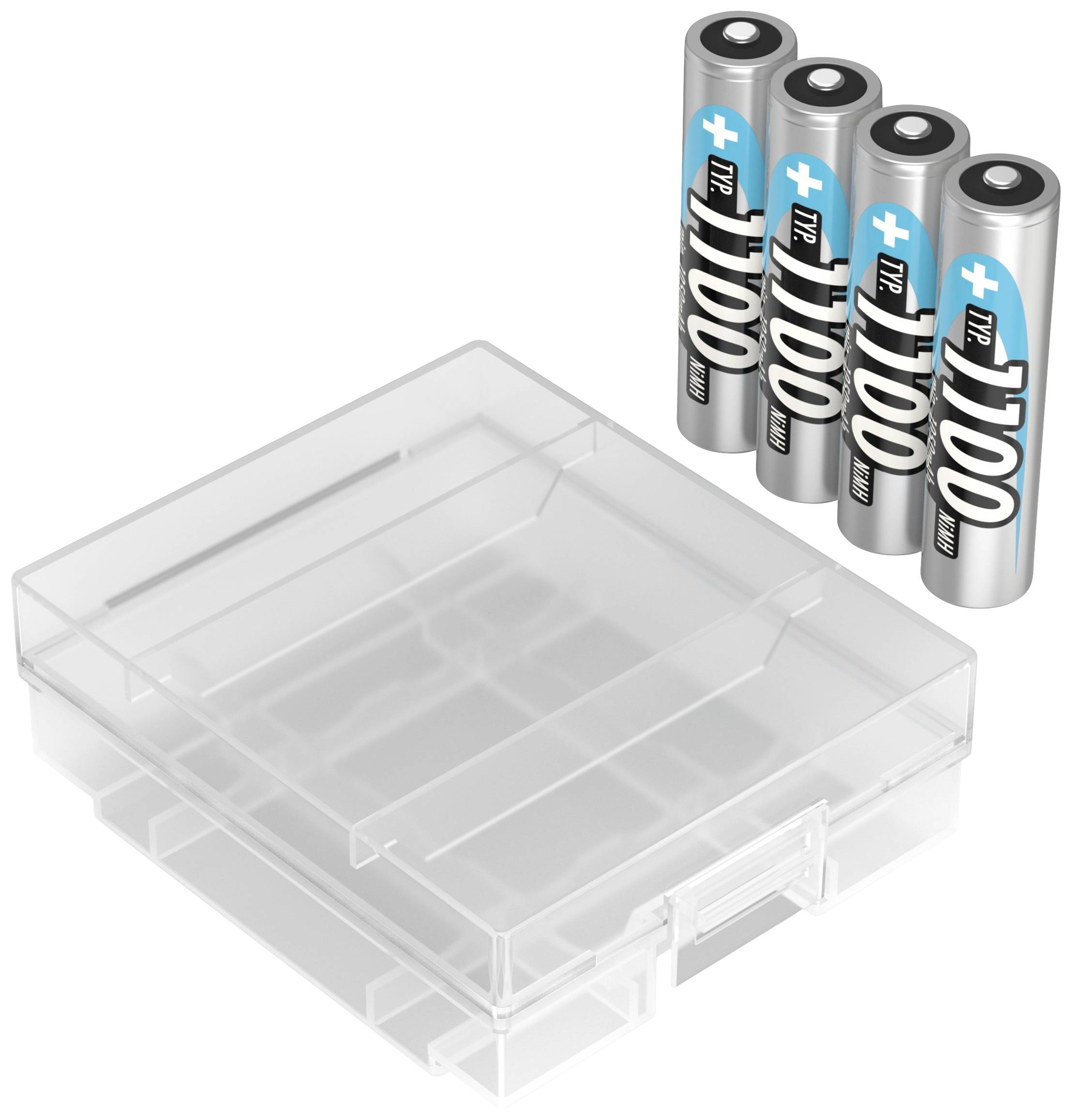 Fyra AA-batterier bredvid en genomskinlig förvaringsbox. Batterierna är oanvända och lådan är tom.