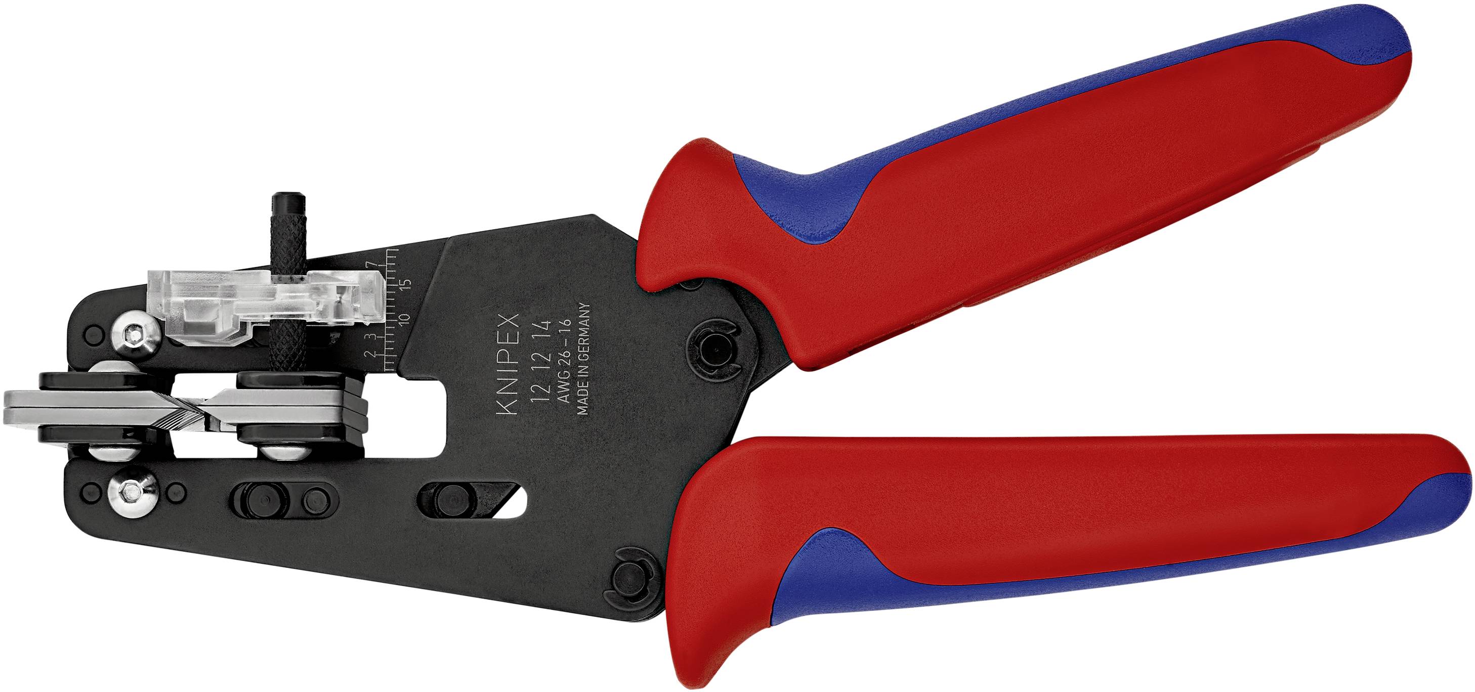 Avbitartång med röda och blå handtag för avisolering av kablar. Svart metallkropp med justeringsmekanism, märke 'Knipex'.