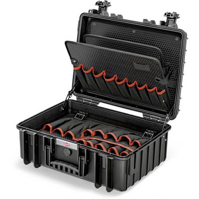 En svart, öppen skyddsväska med fack och nätfickor för elektroniktillbehör, perfekt för säker transport och förvaring.