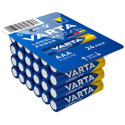 Ett 24-pack Varta AAA alkaliska batterier. Förpackning i blått och gult med produktinformation tryckt.