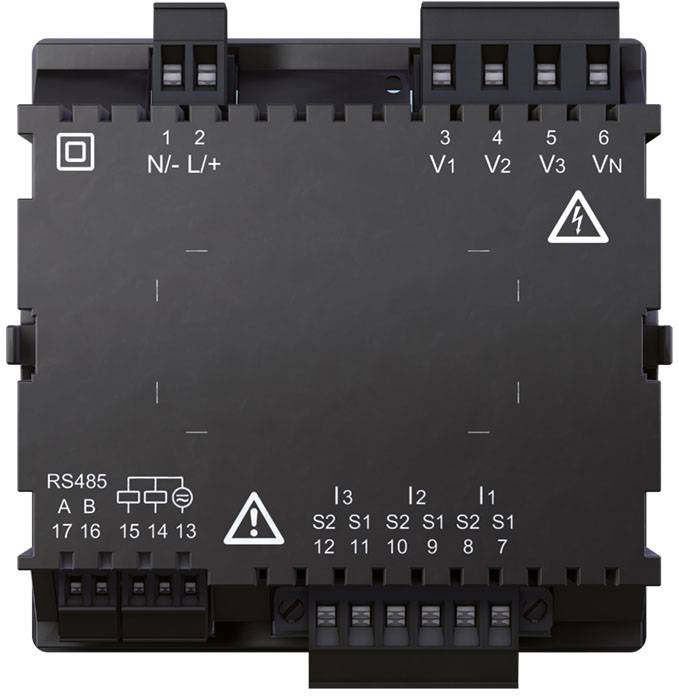 En svart elektrisk switchmodul med flera anslutningar, märkta med 'V1', 'V2', 'V3' och 'VN'. Symboler för spänning och varningsanvisningar finns närvarande.