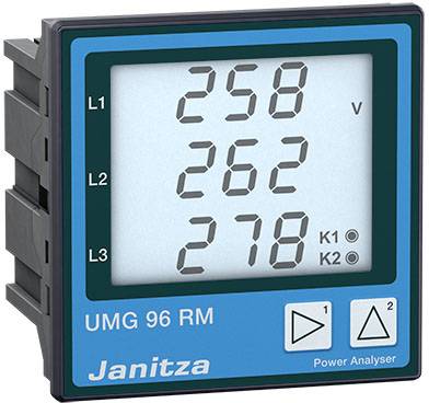 Ett digitalt display på en effektanalysator visar spänningsvärden: L1 258 V, L2 262 V, L3 278 V. Två lysdioder K1 och K2 finns närvarande.