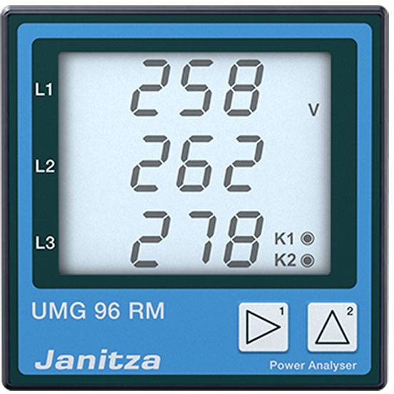 Ett digitalt mätinstrument visar spänningsvärden för L1, L2 och L3: 258V, 262V, 278V. Nertill står 'UMG 96 RM', en 'Power Analyser'.