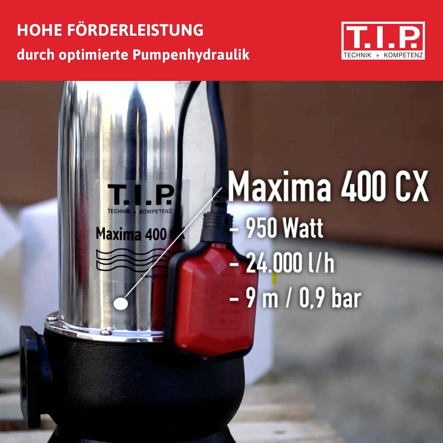 'Kraftfull pump Maxima 400 CX från T.I.P. med 250 Watt. Maximal flödeskapacitet: 2450 l/h, maximal lyfthöjd: 9 m vid 0,9 bar.'