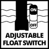 "Justerbar flottörbrytare" och ett stiliserat diagram som visar en tvåstegsbrytare med markeringarna "PÅ" och "AV".