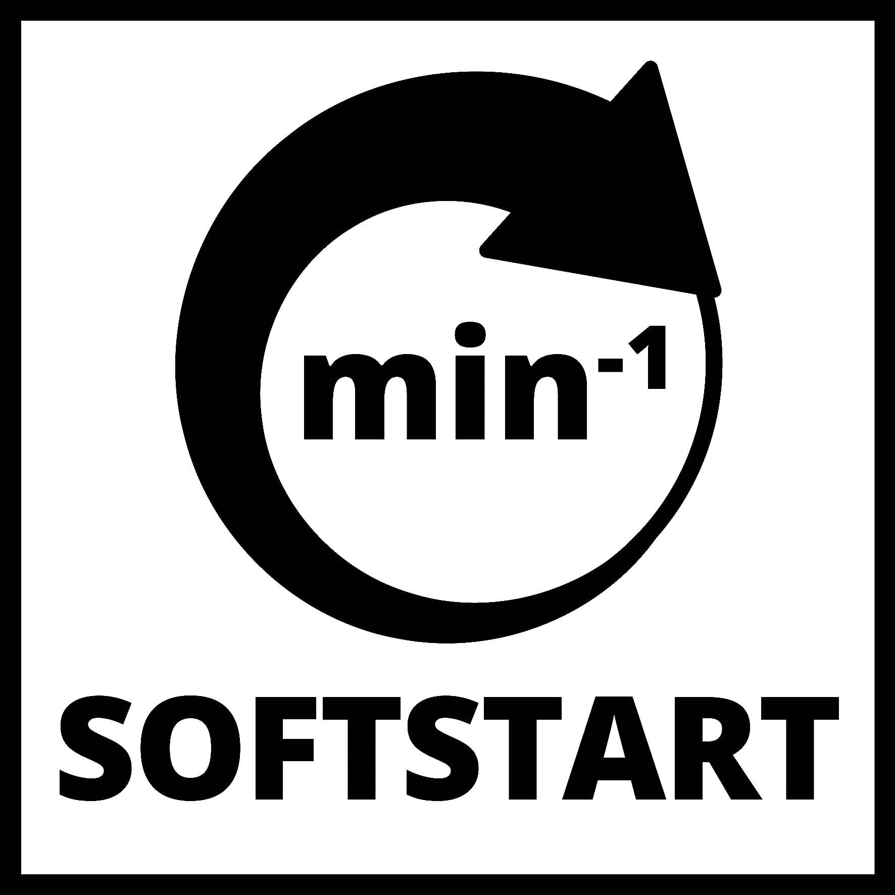 Symbol för mjukstart med pilikon som representerar varv per minut (min⁻¹).