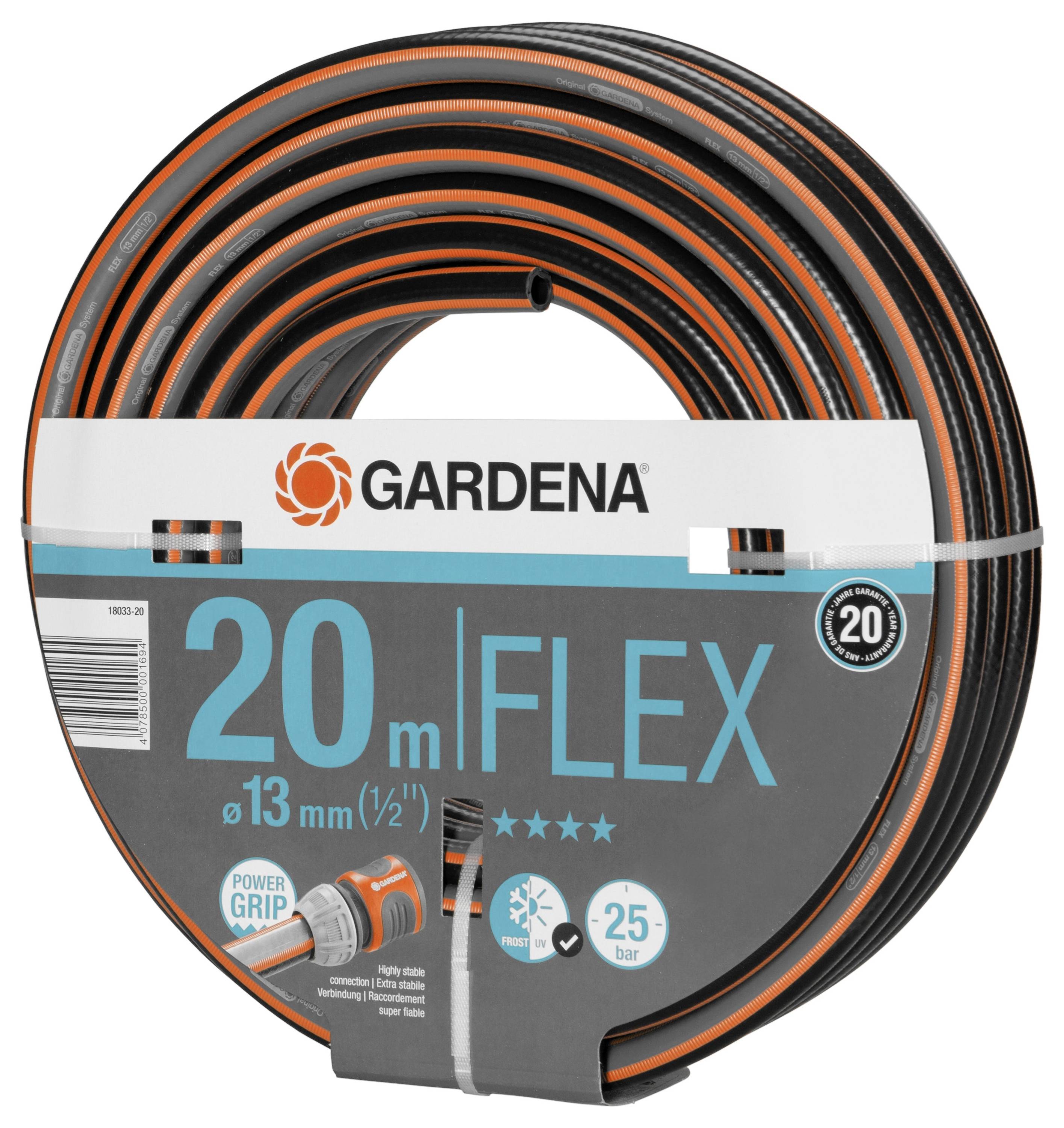 Trädgårdsslang, märke Gardena, modell '20 m Flex', diameter 13 mm. Förpackningen visar orange-svart slangdesign och Power Grip.