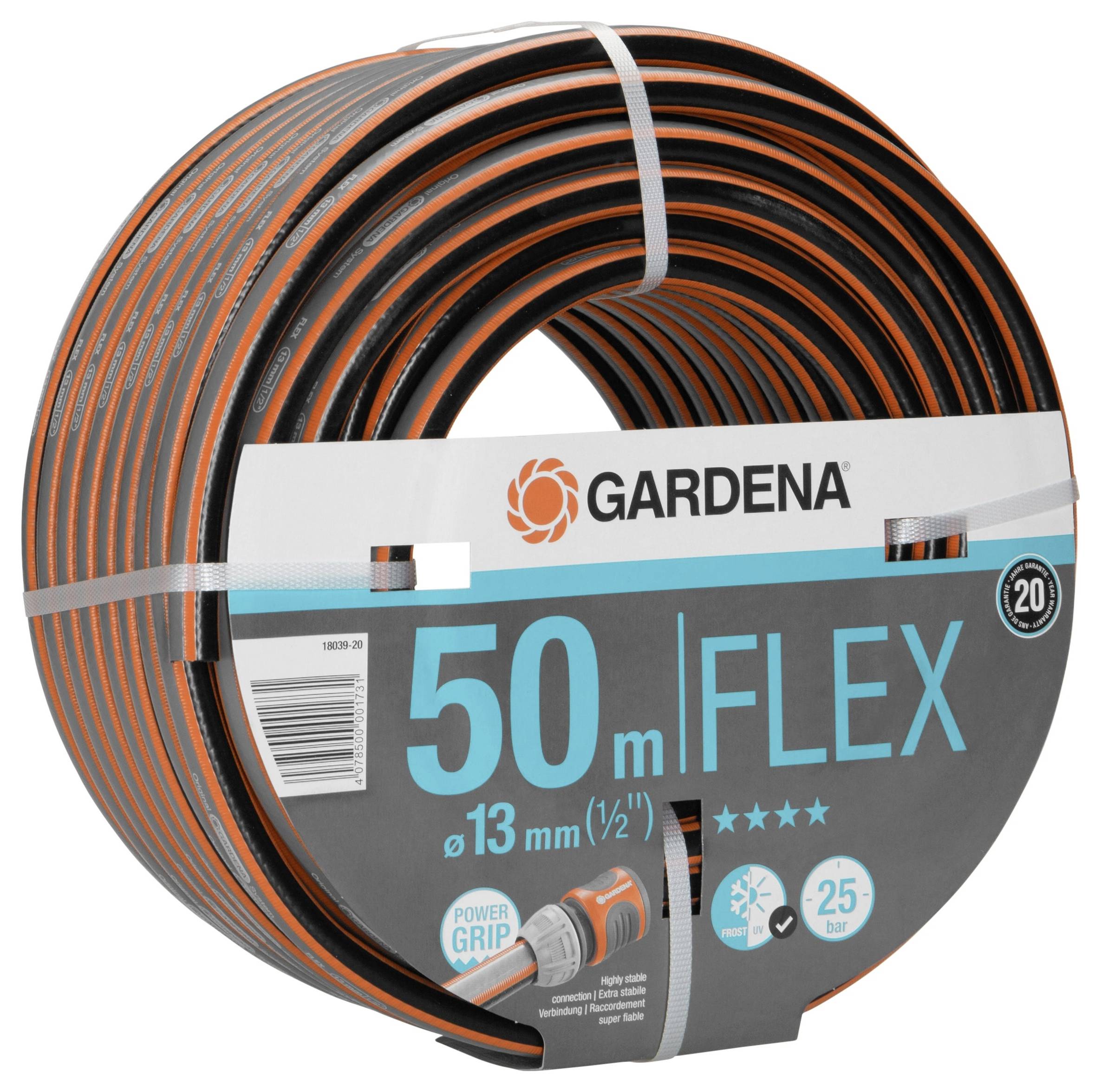 Gardena trädgårdsslang, 50 meter lång, 13 mm diameter. Förpackningen visar Flex-modellen, lämplig för maximalt 25 bars tryck.