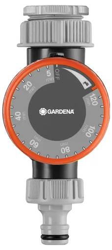 Gardena vattentimer med en skala från 5 till 120 minuter och en 'Manuell' inställning, använd för att styra trädgårdsbevattning.