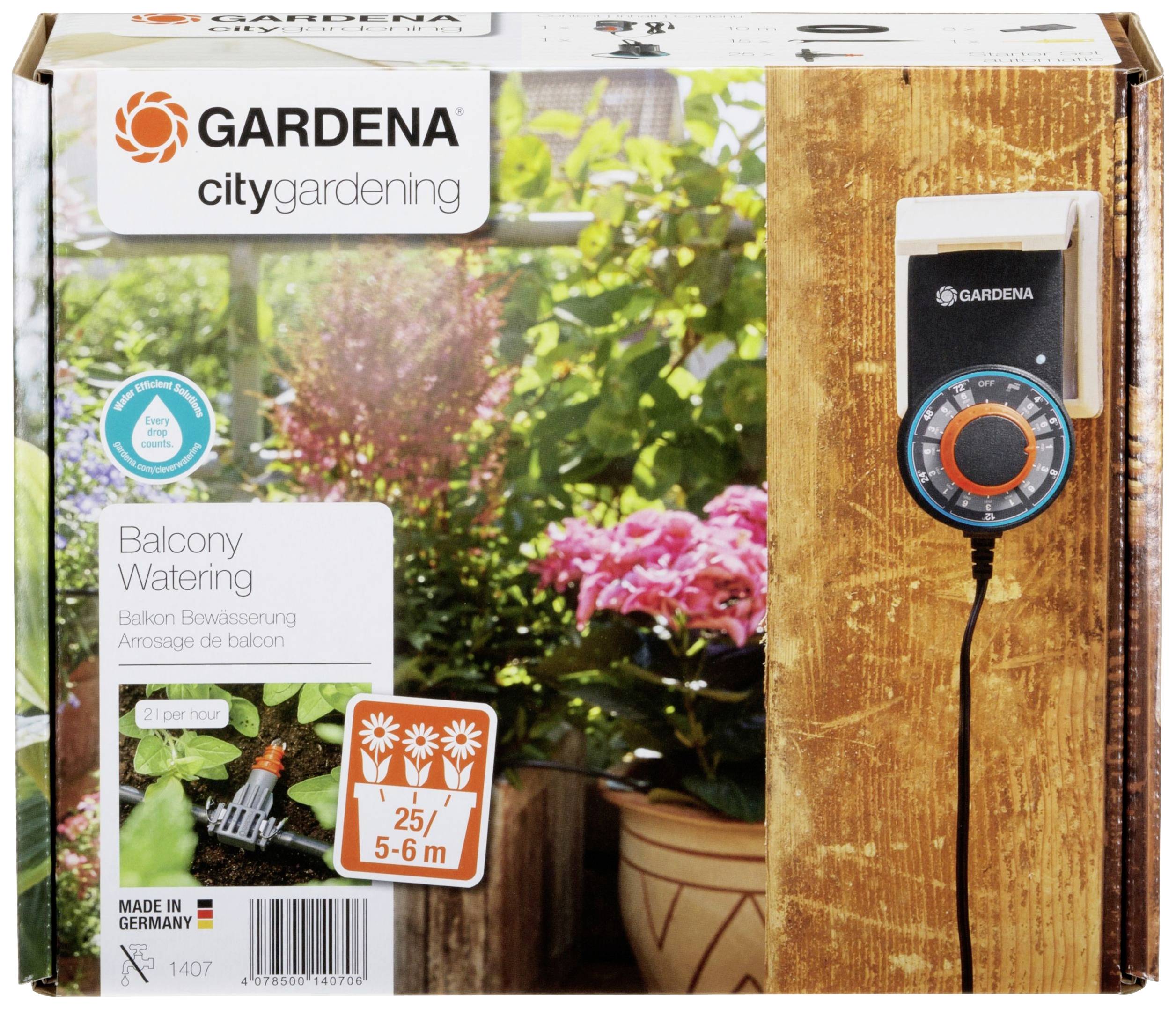Förpackning av ett Gardena bevattningssystem för balkongväxter med automatisk tidsinställning, lämplig för ytor mellan 5-25 m².
