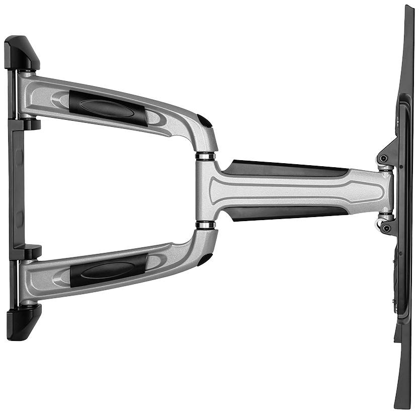 En silverfärgad TV-väggfäste med svängbar arm i metall, perfekt för flexibel positionering av TV-apparater på väggen.