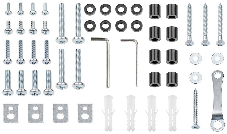 En uppsättning fästanordningar, bestående av skruvar, pluggar, brickor och insexnycklar, arrangerade på en vit bakgrund.
