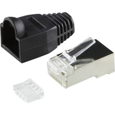En bild som visar ett svart RJ45-stövelskydd, en RJ45-plugg och en RJ45-kontaktdel. Lämplig för Ethernet-kabelsammansättning.