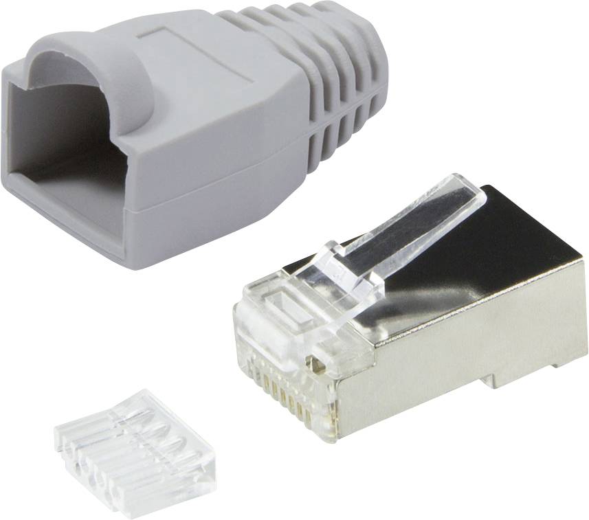 RJ45-kontakt med metallisk koppling, transparent plastskydd och grå spänningsavlastningsstövel, används för att skapa Ethernet-kablar.