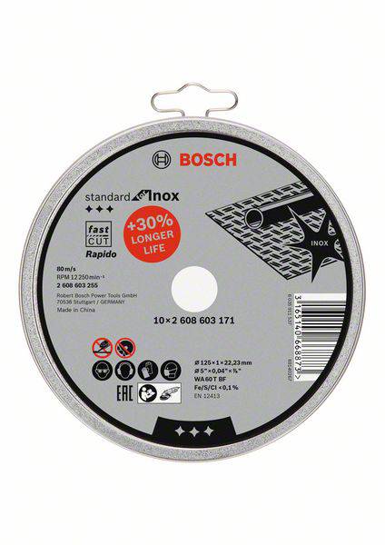 Bosch metallkapskiva, rund, silver. Text på etikett: 'standard inox, snabbskärande, +30% längre livslängd'. Maximal varvtal: 12.250 varv/min.