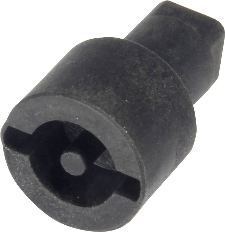 En svart, cylindrisk metalladapter med ett centralt hål och två motstående jack.