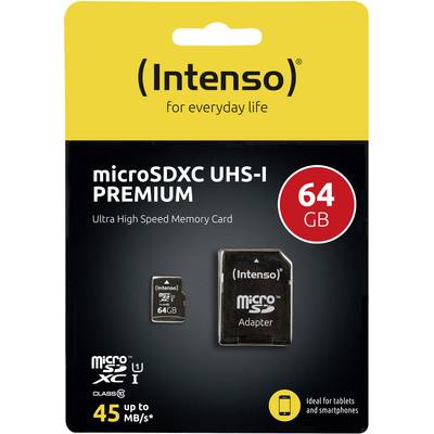 'Intenso microSDXC UHS-I Premium' minneskort, 64 GB, med adapter; lämplig för surfplattor och smartphones, upp till 45 MB/s.