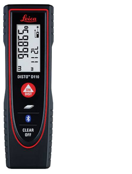 'Leica DISTO D110 handhållen lasermätare som visar 96,865 på skärmen, utrustad med kontrollknappar för mätning, Bluetooth och ström.'