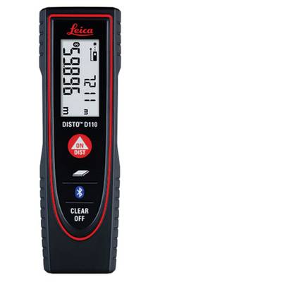 'Leica DISTO D110 handhållen lasermätare som visar 96,865 på skärmen, utrustad med kontrollknappar för mätning, Bluetooth och ström.'