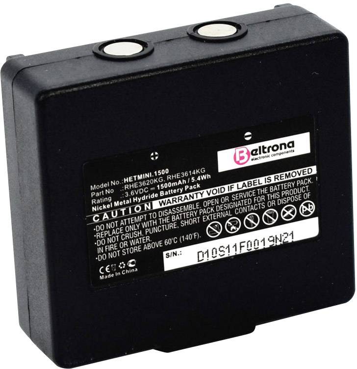 Svart batteri med etikett som visar varningsmeddelanden och tekniska specifikationer, inklusive detaljer om spänning och kapacitet.