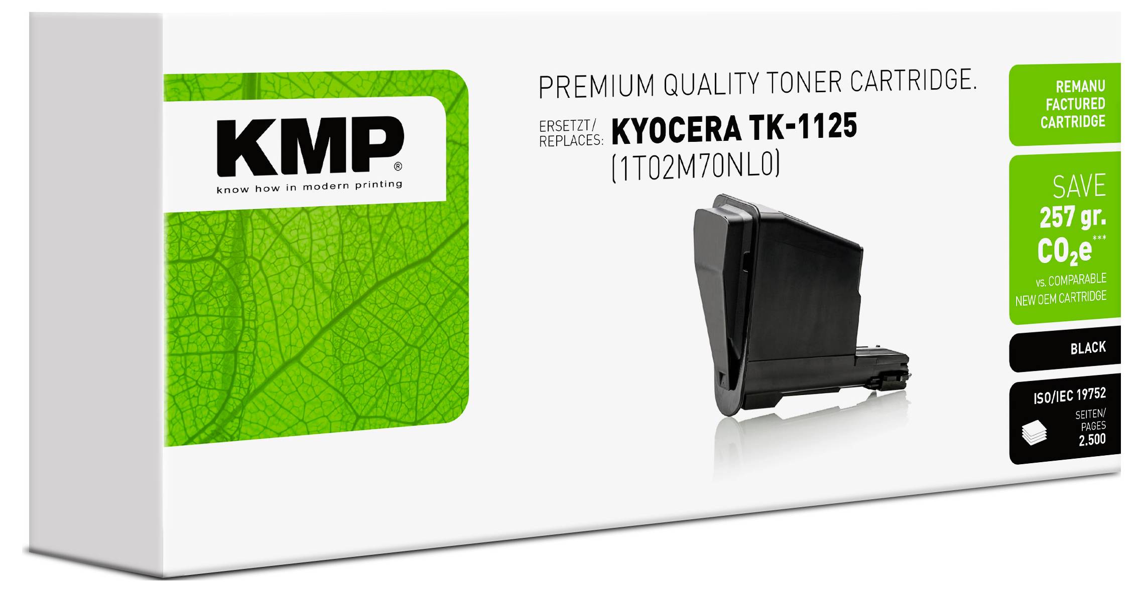 KMP premiumkvalitets tonerkassett för Kyocera TK-1125, svart, märkt spara 257 g CO2e och återanvänd kassett