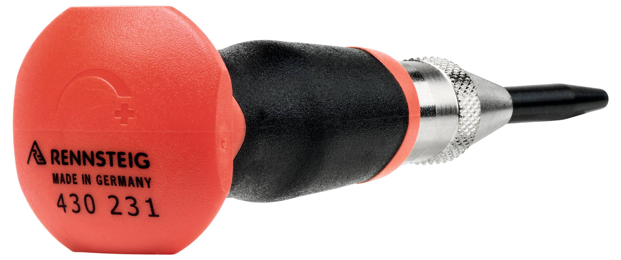 En tryckdorn med röd plasthandtag och svart spets. På handtaget står det 'Rennsteig Made in Germany 430 231'.