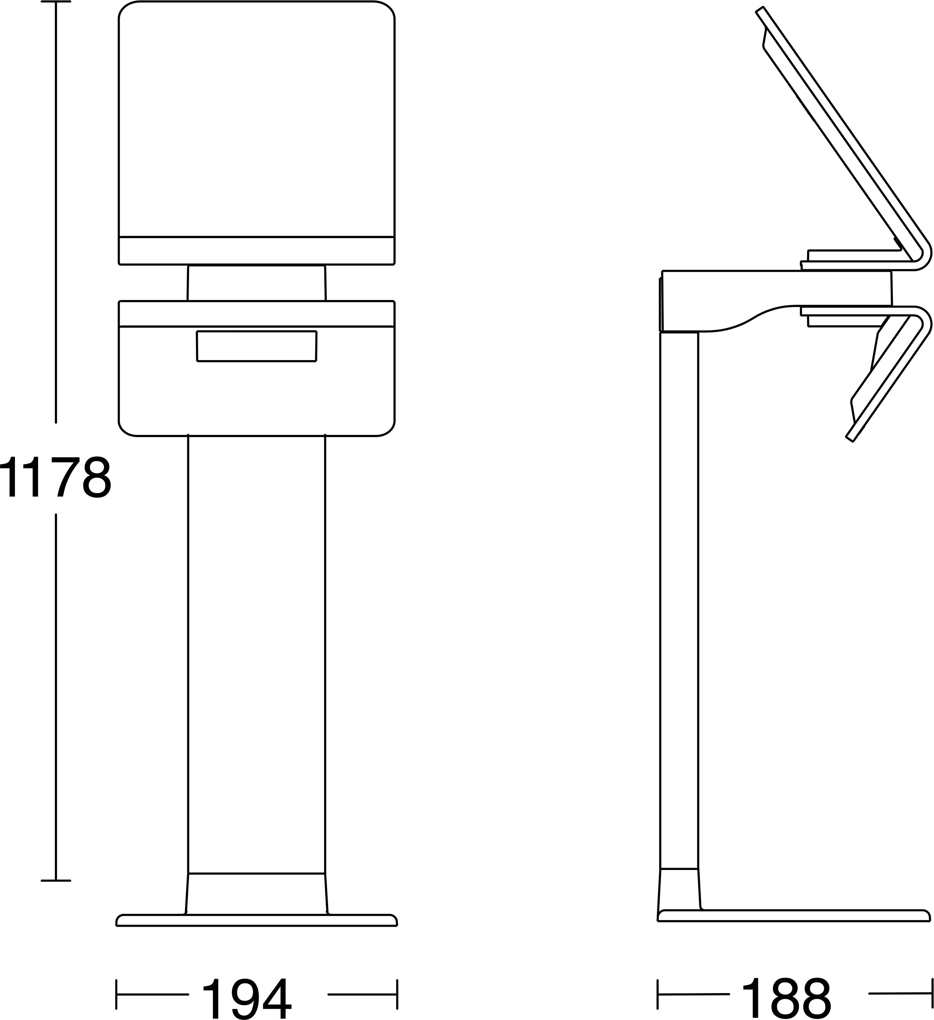 Linjeteckning av en fristående dispenser eller kioskvisad i front- och sidovyer, med dimensioner 1178 mm höga, 194 mm breda och 188 mm djupa.