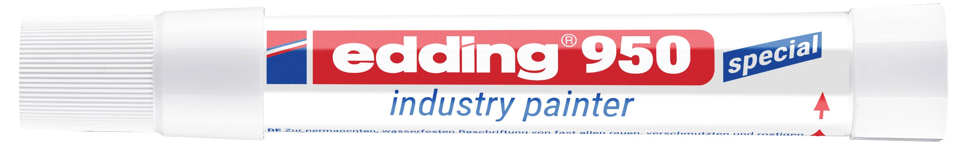 Vit edding 950 spesiell industrimålarpenna med rött och blått etikett och vit kapsyl på en enkel bakgrund.