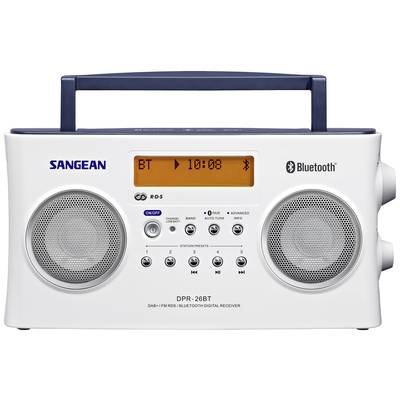 Vit bärbar radio med Bluetooth-funktion. Display visar 'BT 10:08'. Märke: Sangean. Innehåller högtalare, reglage och bärhandtag.
