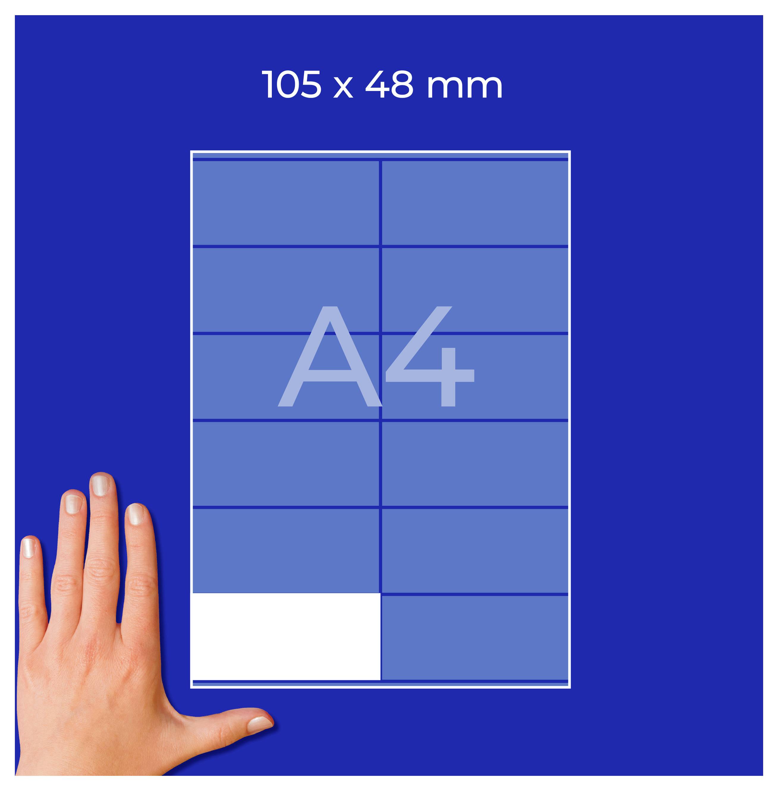 Hand bredvid en A4-mall med måttangivelse "105 x 48 mm"; visar formatet respektive storleken på avsnittet på arket.
