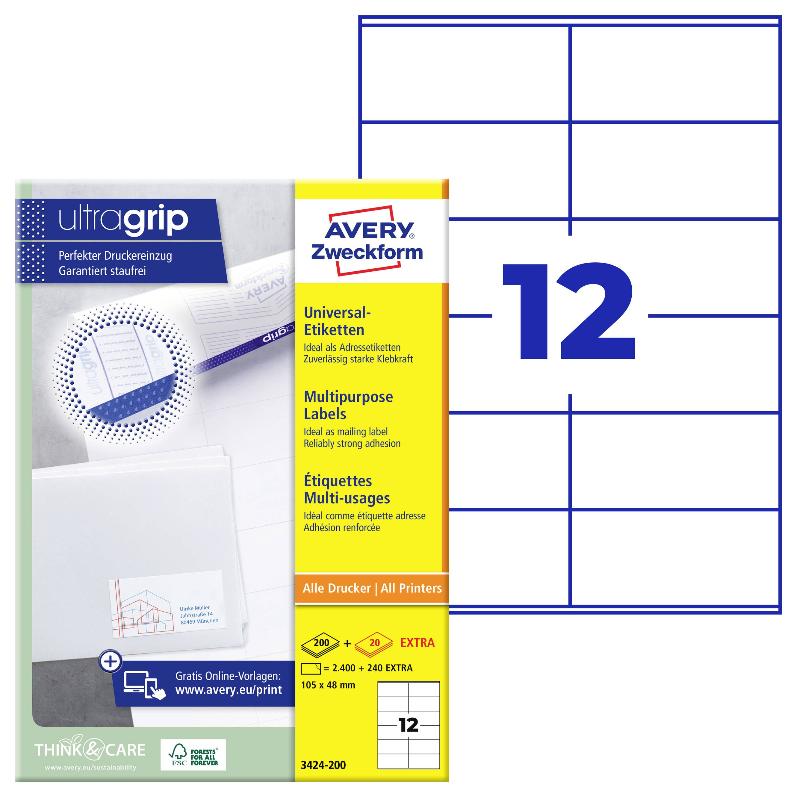 Avery Zweckform Universala etiketter paket för skrivare, visar 200 ark plus 20 extra och ett stort exempeletikett ark märkt 12.