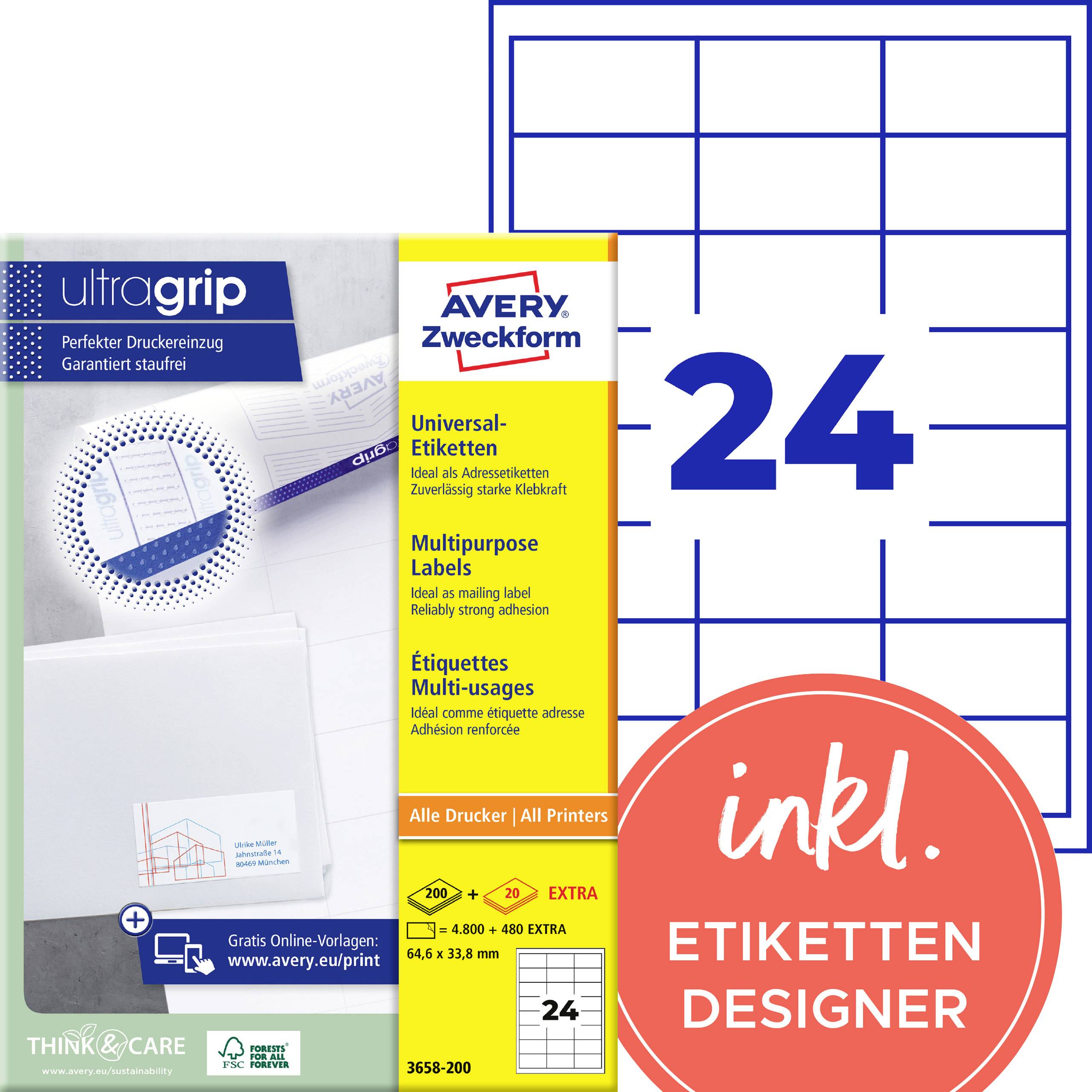 Avery Zweckform universella etiketter paket som visar 24 ark rutnätsdesign och märket "inkl. ETIKETTEN DESIGNER", för alla skrivare.