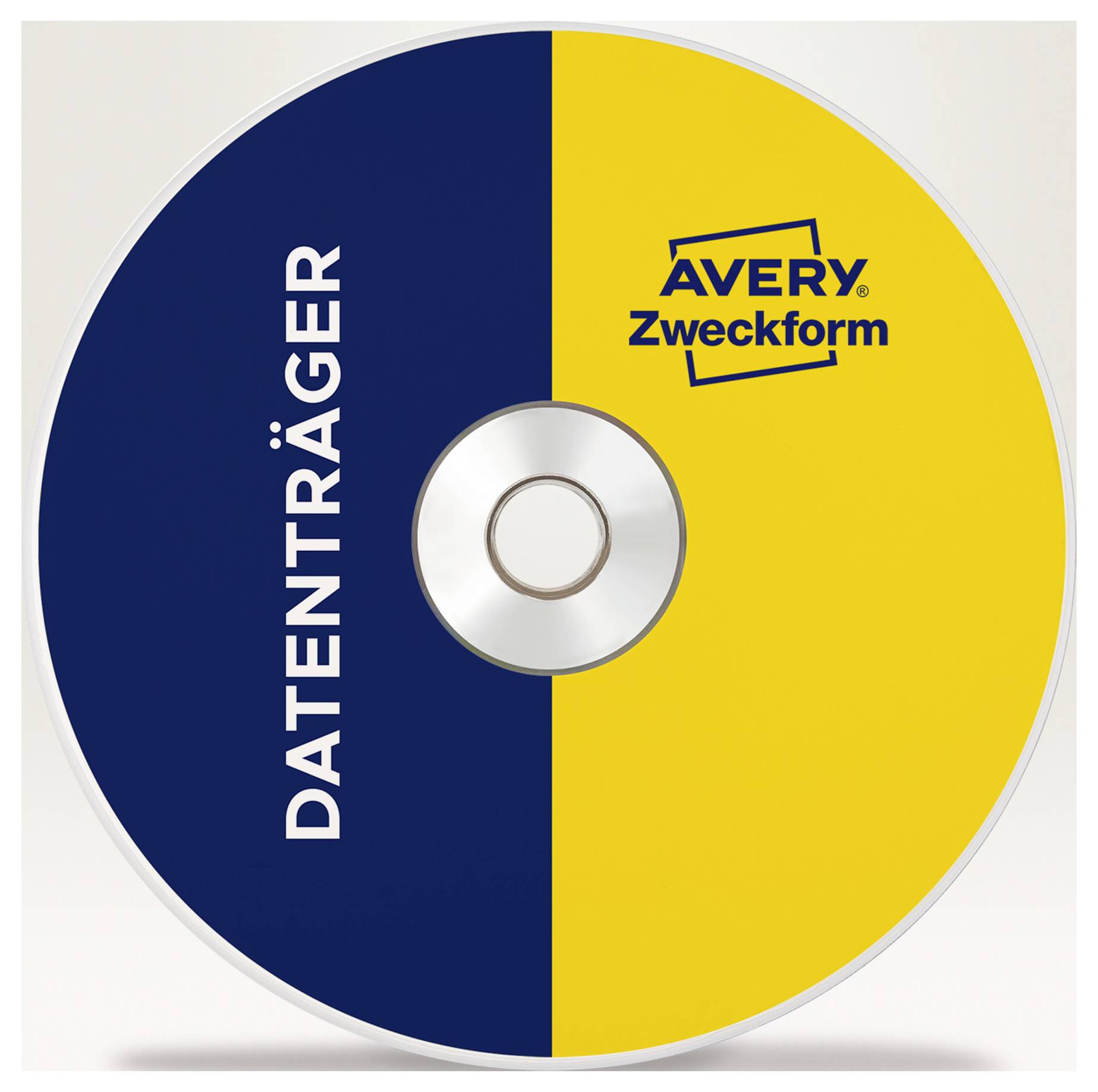 CD-skiva med tvåfärgad design: vänster sida blå med "DATENTRÄGER", höger sida gul med "Avery Zweckform"-logotyp.