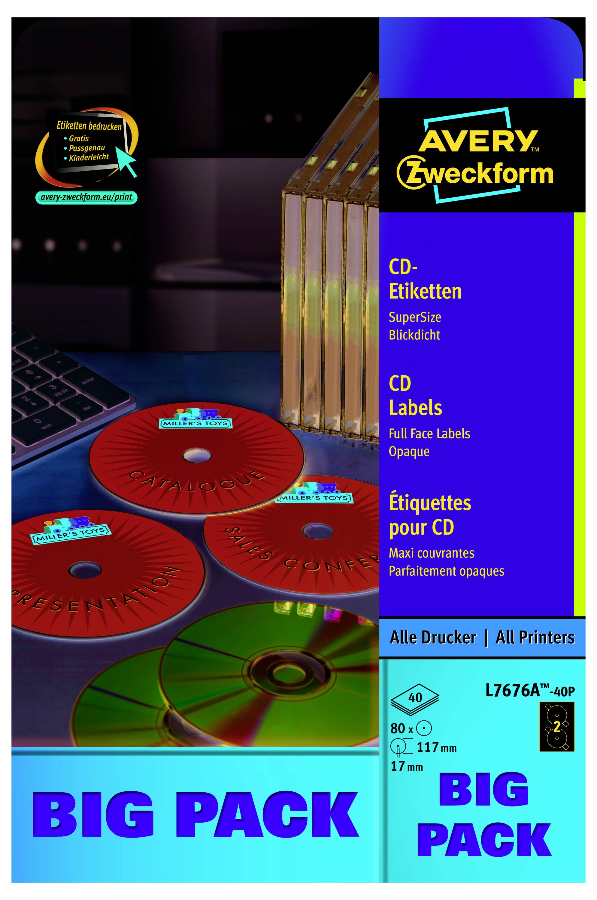 Avery Zweckform "BIG PACK" CD-etikett paketomslag som visar röda och gröna skivetikett för CD-skivor, med produktdetaljer och skrivarkompabilitet på höger sida.
