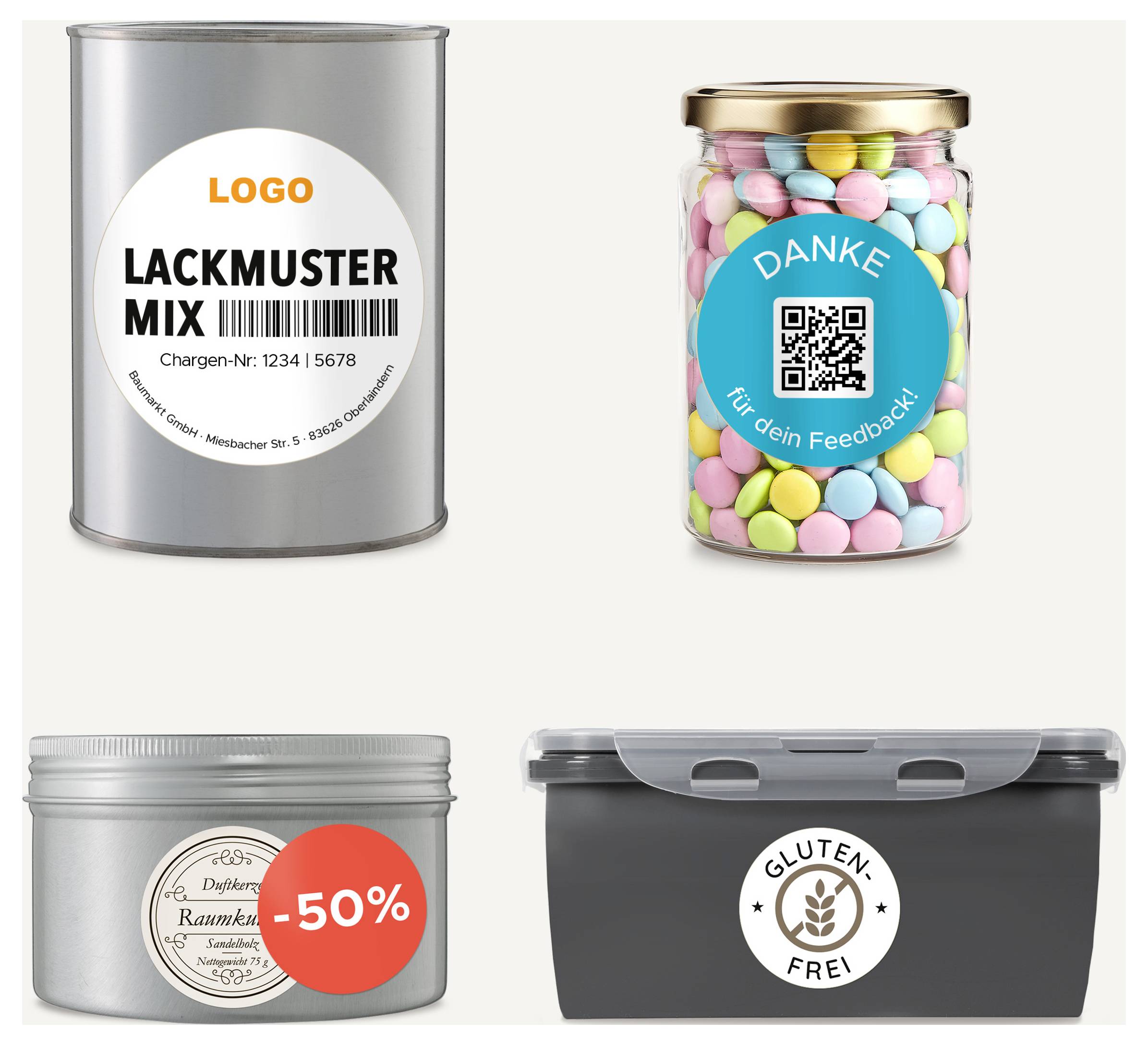 Fyra produktförpackningar med etiketter: Färgburk 'LACKPROVMIX', Godisglasflaska med 'TACK för din feedback' och QR-kod, Burk med '50%', Låda 'GLUTENFRI'.