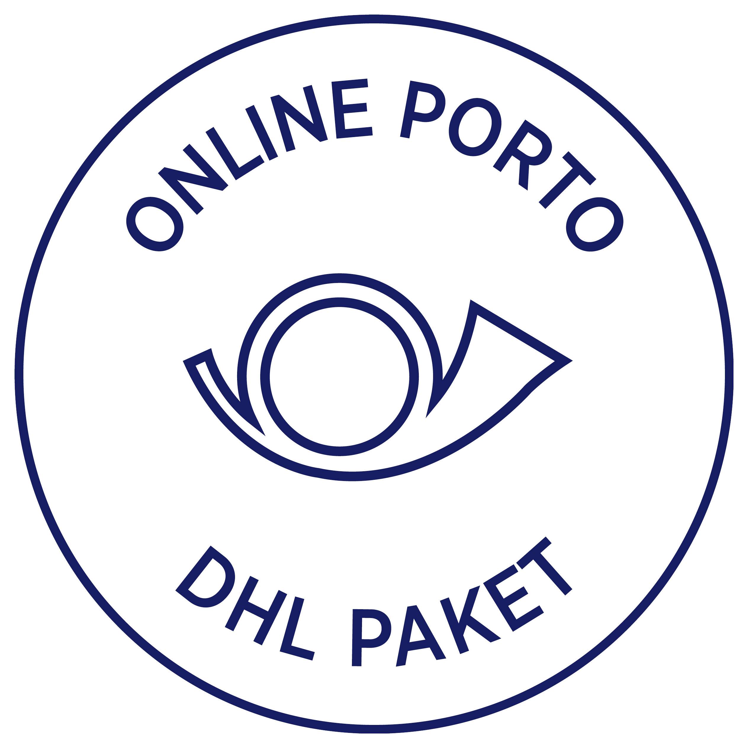 Rundad DHL-paketförsegling med texten "ONLINE PORTO" och "DHL PAKET" omkring en stiliserad paket-/virvellåda.