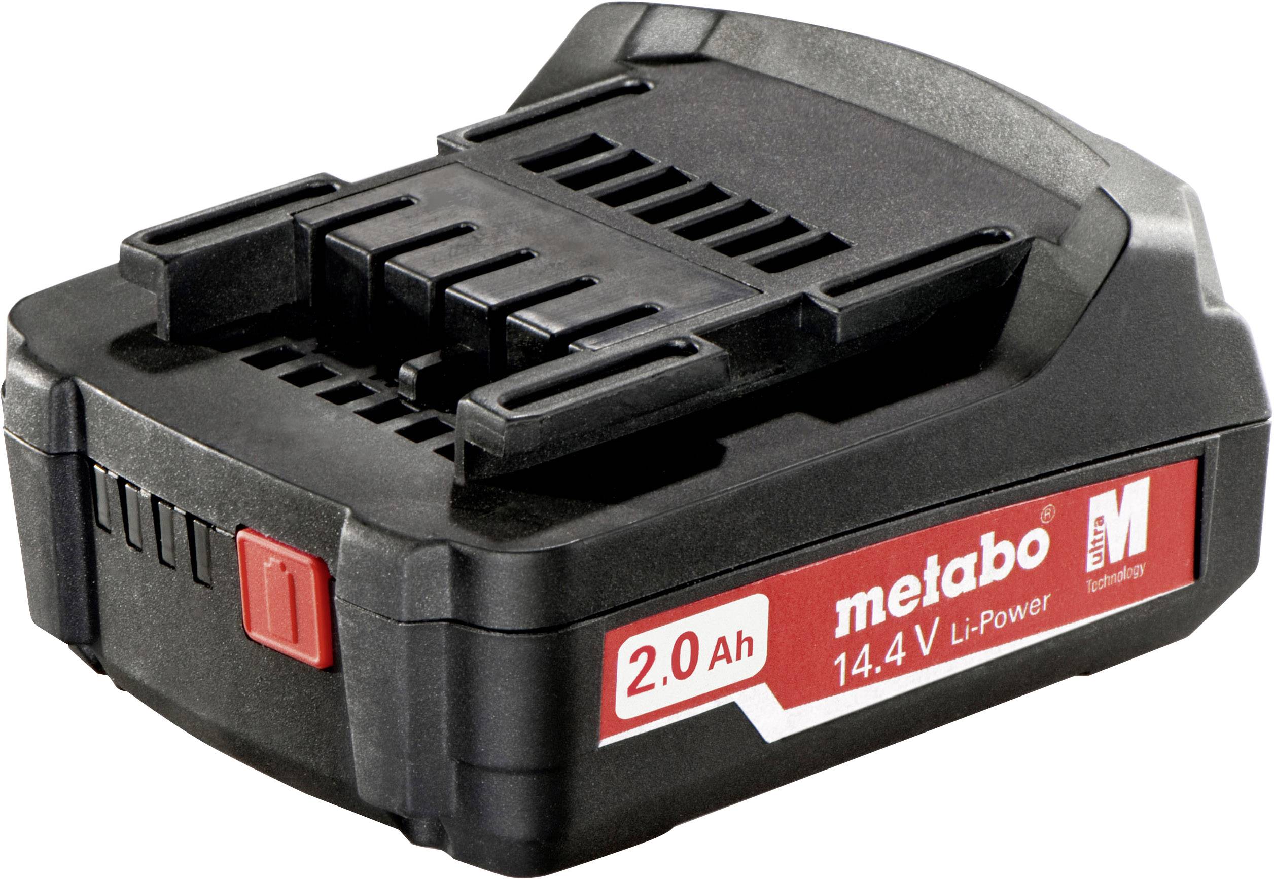 En svart batteri från märket Metabo med röd etikett '2,0 Ah 14,4 V Li-Power'. Lämplig för sladdlösa verktyg.