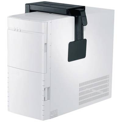 En vit datorlåda med ventilationsöppningar på sidan och ett svart fäste högst upp.