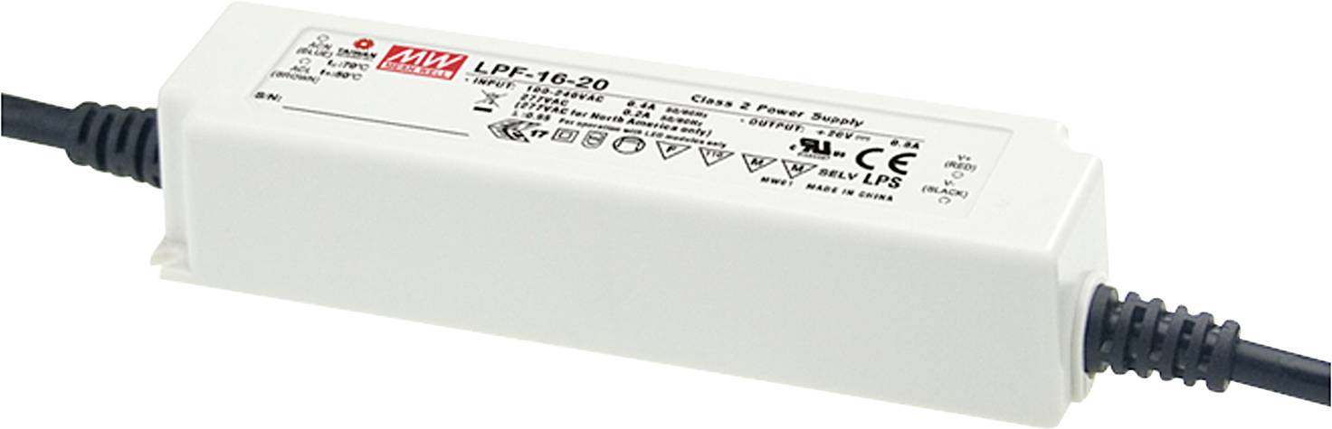 Ett rektangulärt nätaggregat med påskriften 'LPF-16-20' på ovansidan. Det har svarta kablar i båda ändar.